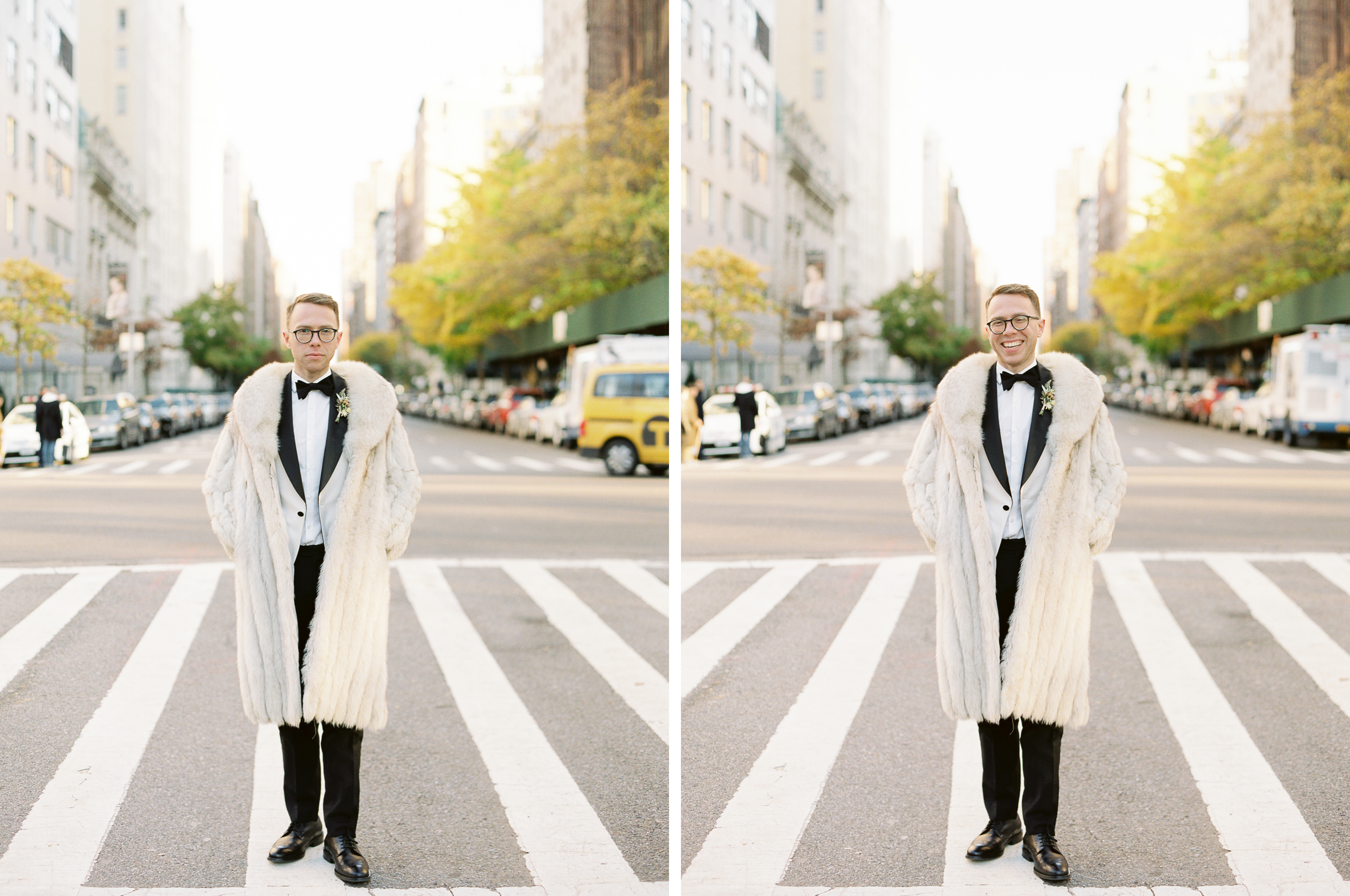 groom laughing in fur in NYC