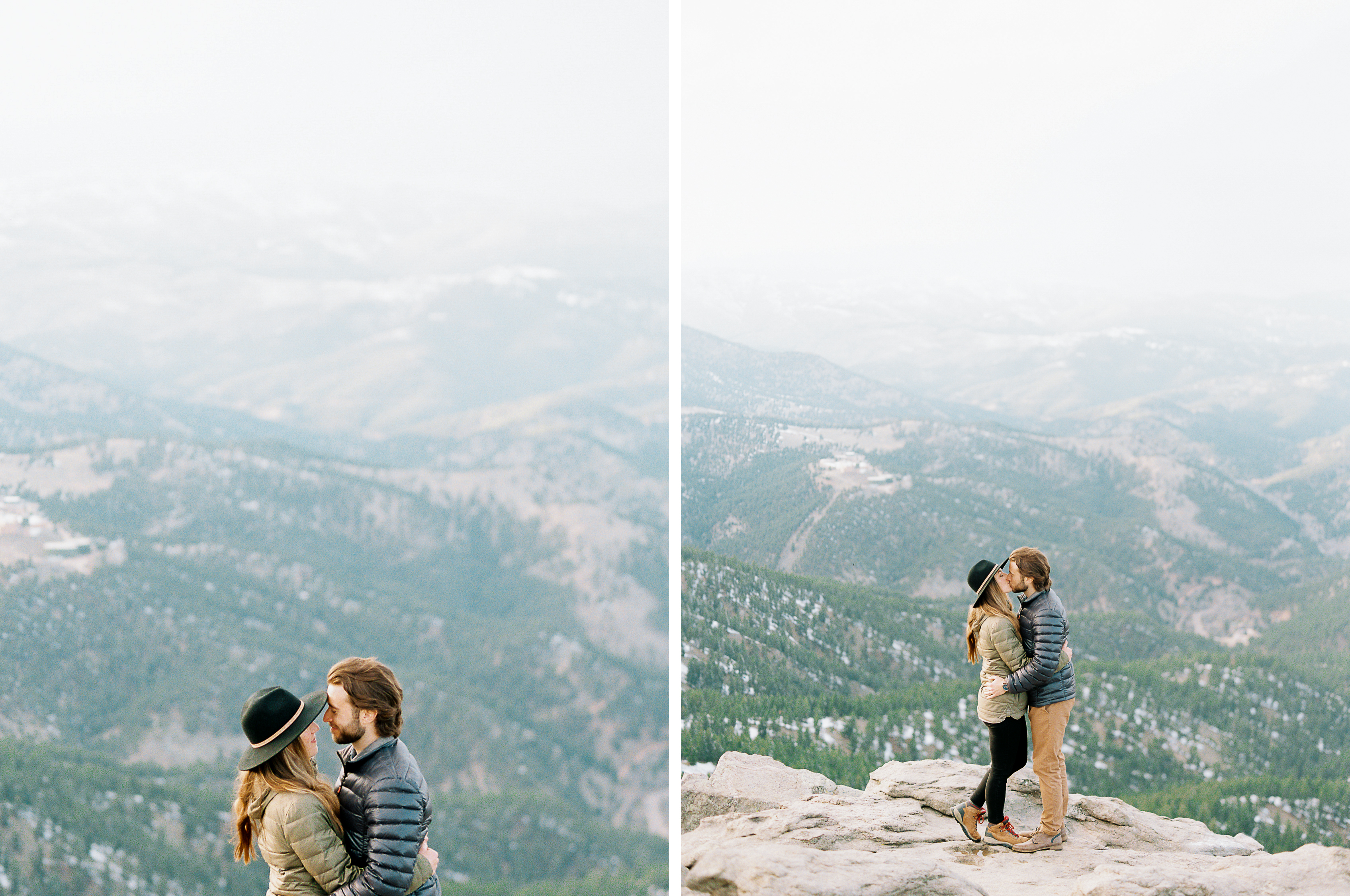 couple kissing on boulder colorado mountain overlook