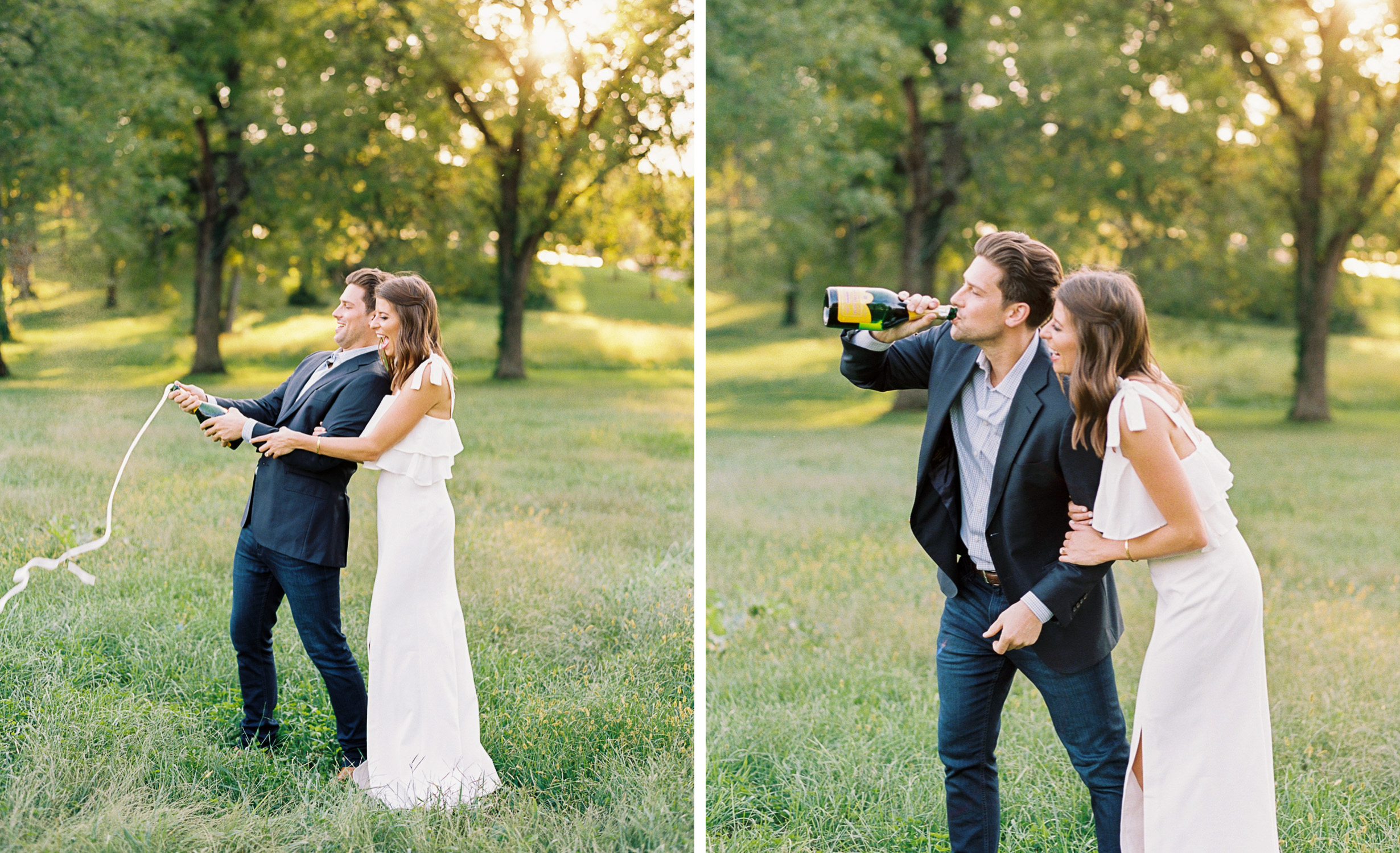 couple popping and drinking champagne