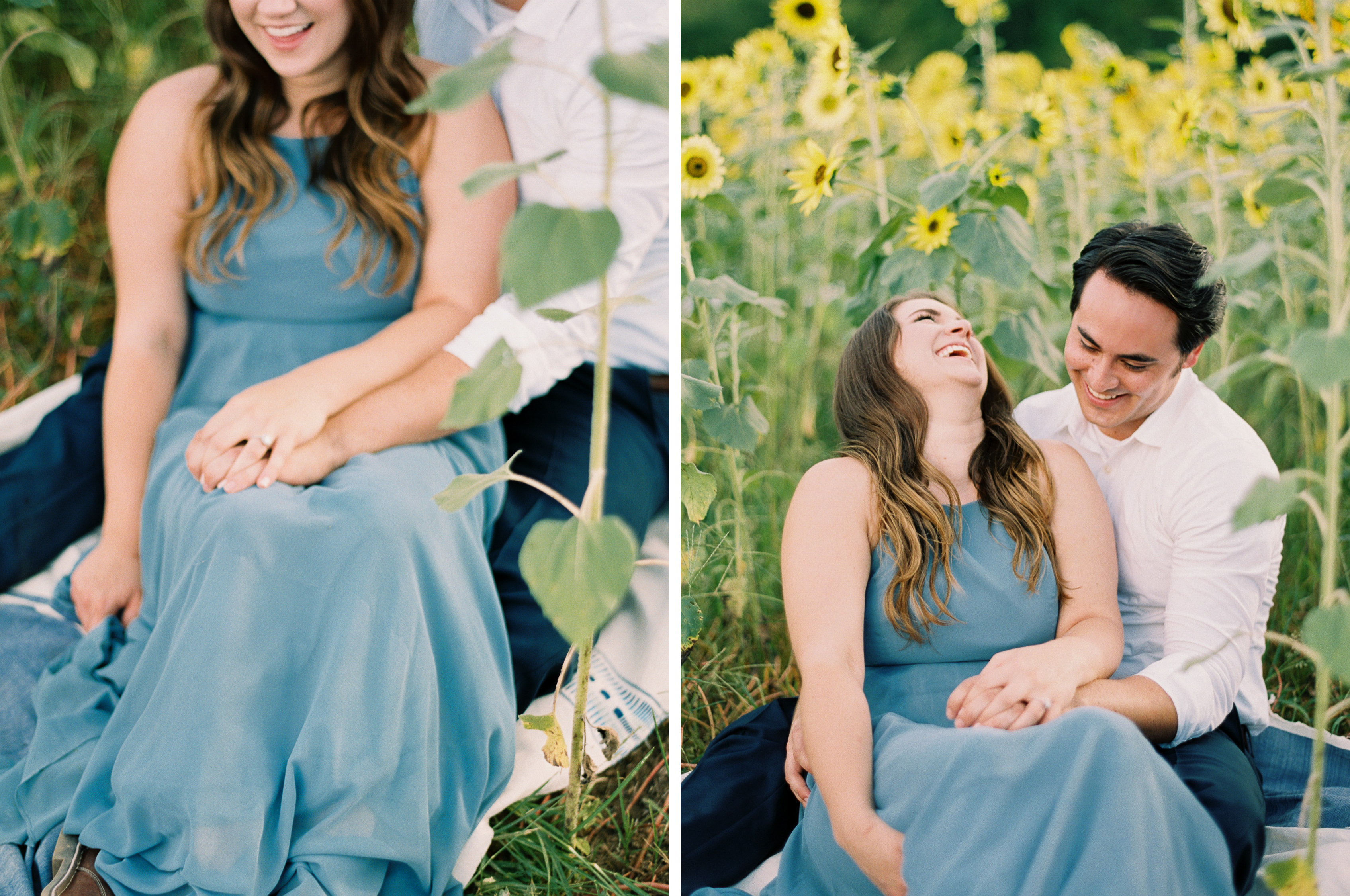 sweet couple sitting in sunflower field laughing