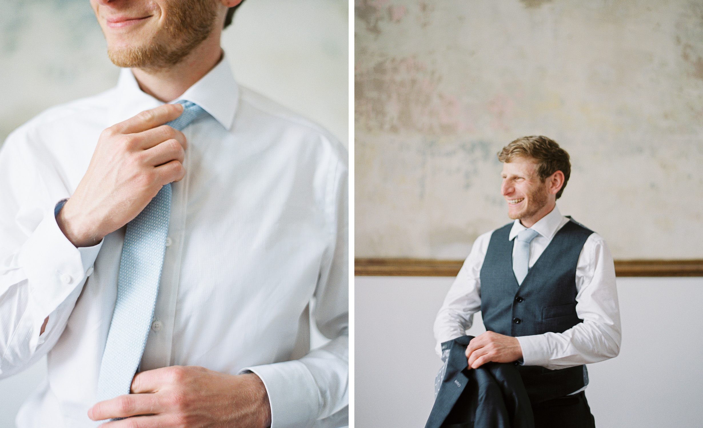 groom straightening tie and putting suit jacket on