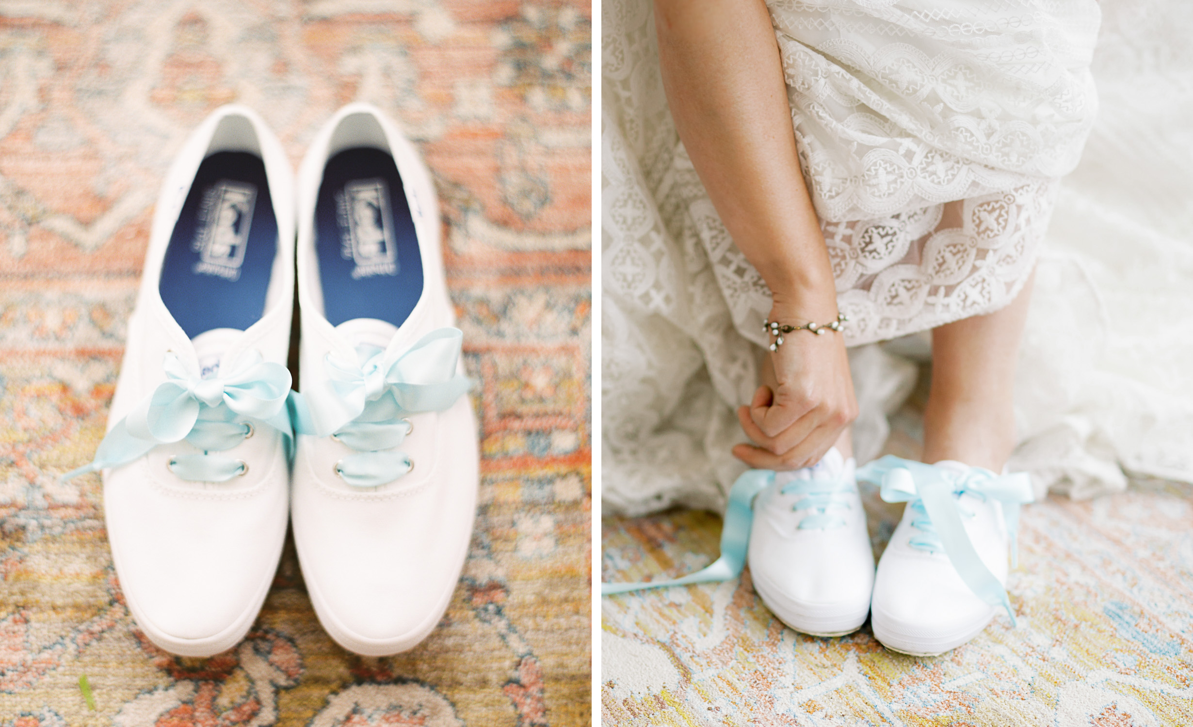 bride putting keds shoes on